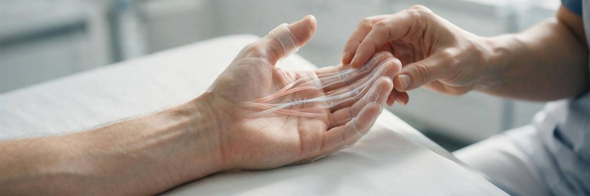 Arzthand untersucht die Hand eines Patienten, auf der eine grafische Darstellung von Nervenbahnen liegt.
