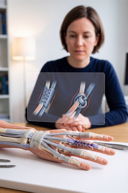 Eine Frau betrachtet ein anatomisches Handmodell mit einer Sehnennaht und eine transparente Grafik, die verschiedene Nahttechniken zeigt.
