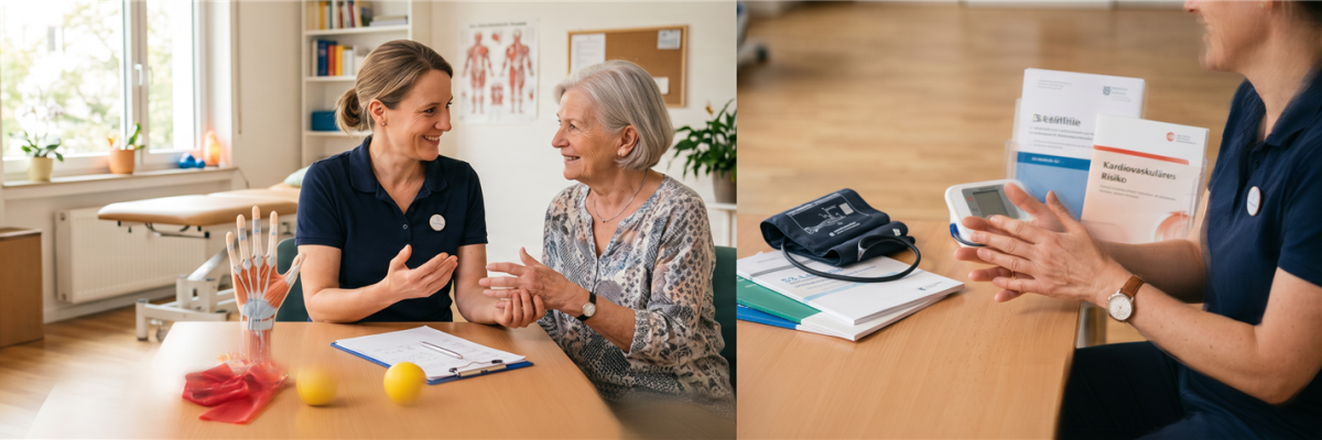 Fotocollage einer Therapeutin, die eine ältere Patientin in einer hellen Praxis berät, mit Übungsmaterialien und einem Blutdruckmessgerät auf dem Tisc