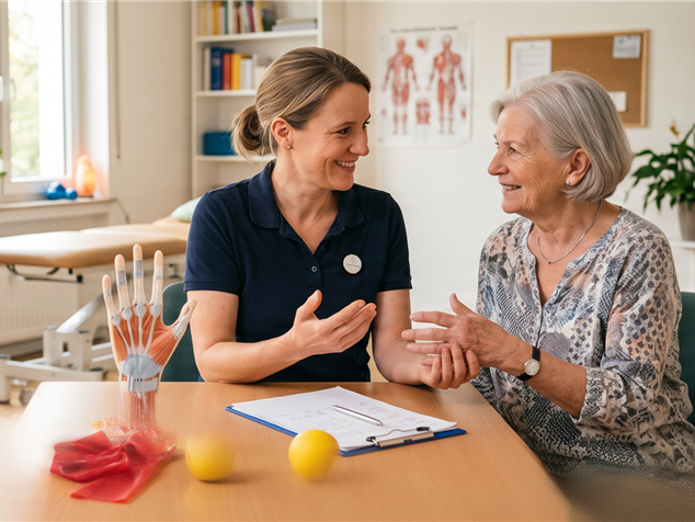 Fotocollage einer Therapeutin, die eine ältere Patientin in einer hellen Praxis berät, mit Übungsmaterialien und einem Blutdruckmessgerät auf dem Tisc