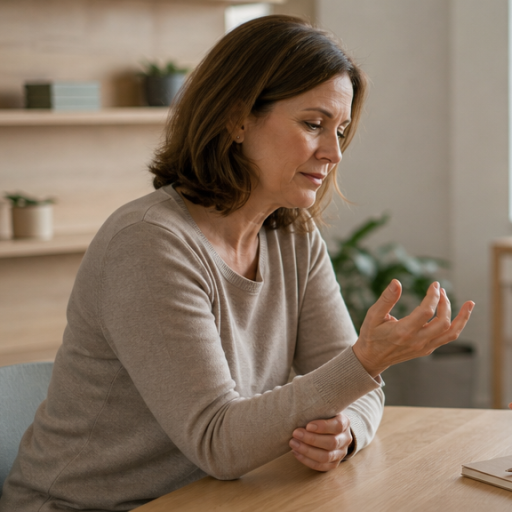 Handtherapeutin und erwachsene Patientin sitzen sich in einem ruhigen Gespräch gegenüber; die Patientin betrachtet nachdenklich ihre Hand.