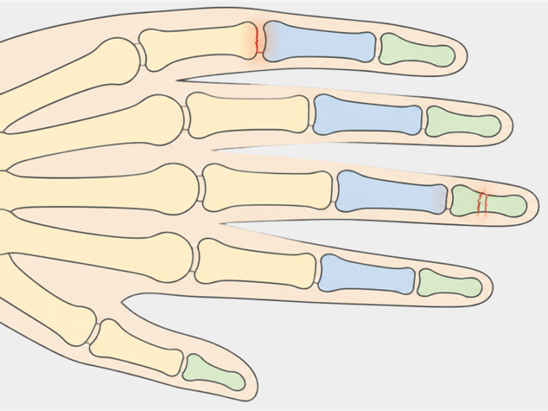 Medizinische Vektorillustration einer Hand mit schematischer Darstellung der Fingerknochen und markierten Frakturbereichen an den Phalangen.
