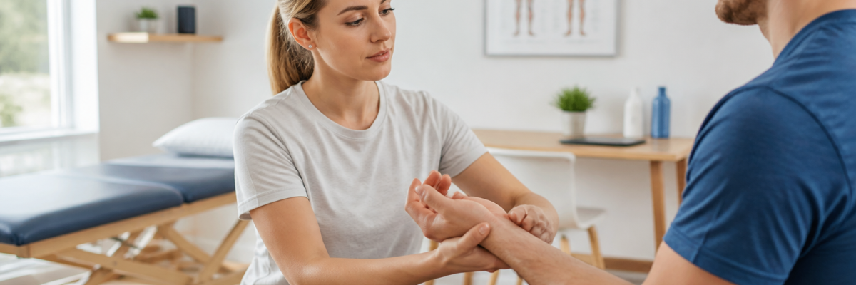 Physiotherapeutin untersucht das Handgelenk eines Patienten in einer hellen Praxis mit Behandlungsliege und Anatomie-Poster im Hintergrund