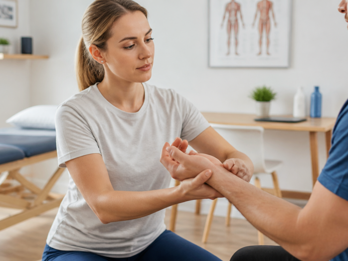 Physiotherapeutin untersucht das Handgelenk eines Patienten in einer hellen Praxis mit Behandlungsliege und Anatomie-Poster im Hintergrund
