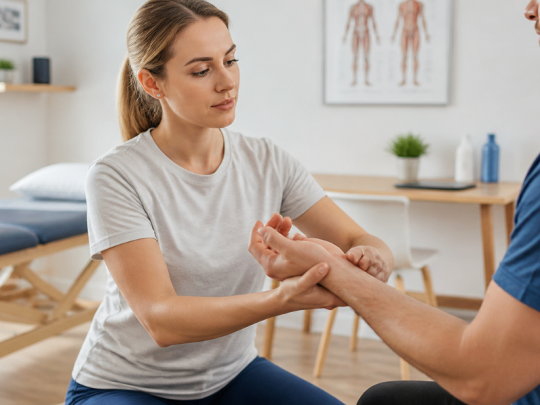Physiotherapeutin untersucht das Handgelenk eines Patienten in einer hellen Praxis mit Behandlungsliege und Anatomie-Poster im Hintergrund