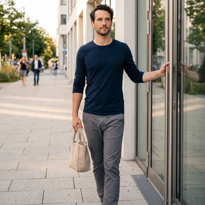 Ein Mann mit einem blauen Langarmshirt und einer Stofftasche verlässt ein modernes Gebäude in der Stadt.