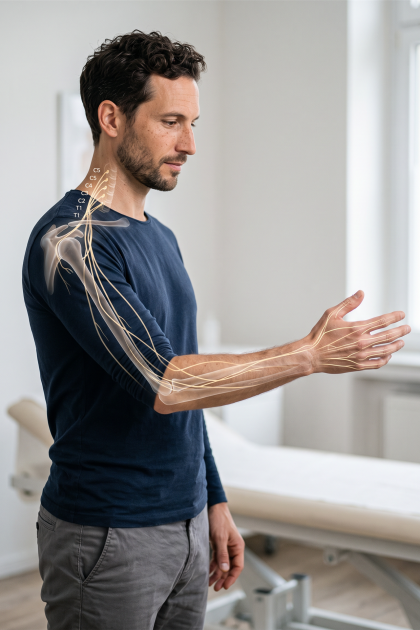 Mann in einer Praxis, der seinen Arm betrachtet, auf dem eine anatomische Grafik das Nervensystem von der Halswirbelsäule bis in die Hand visualisiert