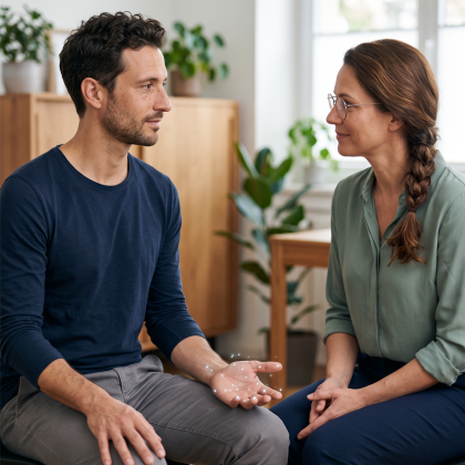Ein Mann und eine Frau sitzen sich in einem Gespräch gegenüber. Über der geöffneten Hand des Mannes schweben kleine, leuchtende Partikel.