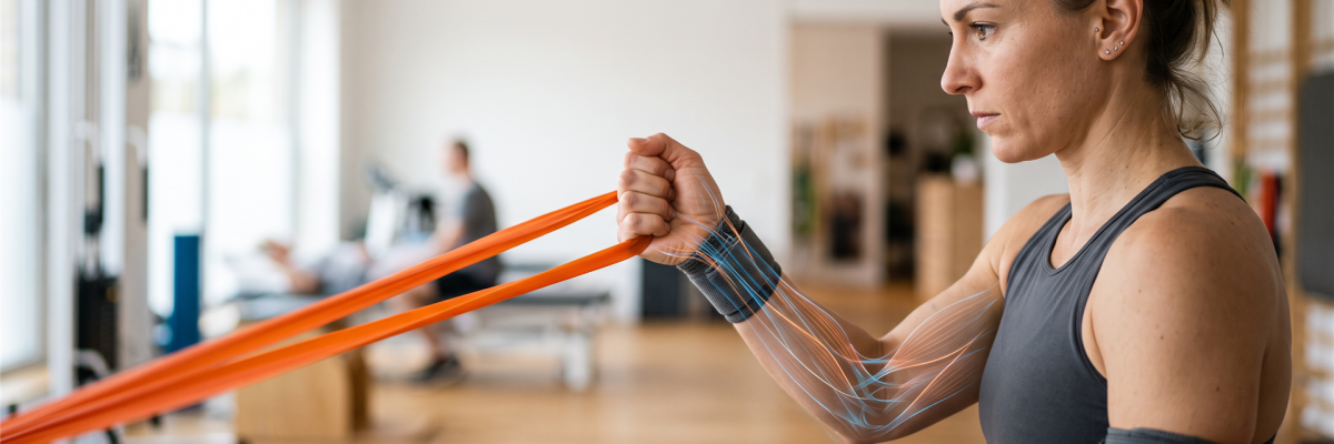 Eine Frau trainiert mit einem orangen Fitnessband, während eine Grafik die Muskeln in ihrem Arm darstellt.