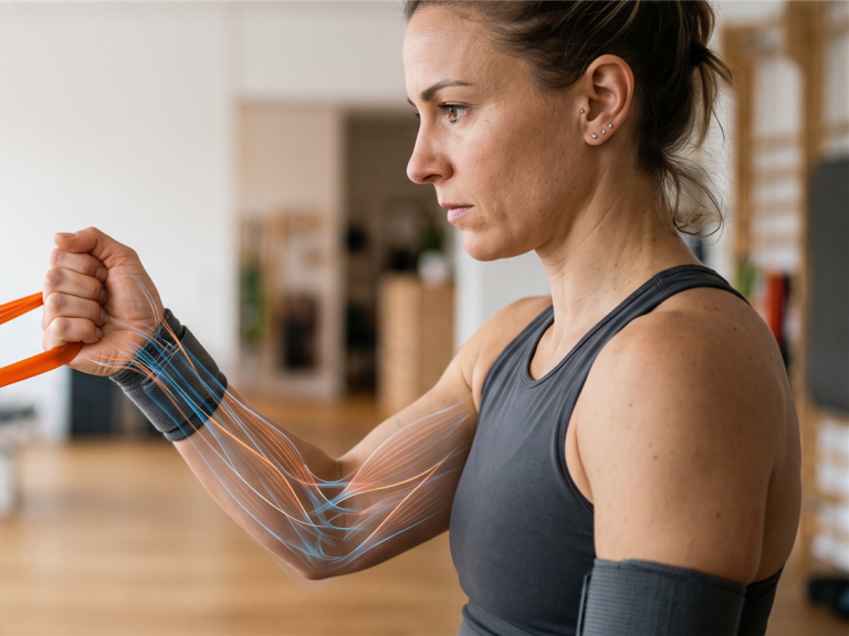 Eine Frau trainiert mit einem orangen Fitnessband, während eine Grafik die Muskeln in ihrem Arm darstellt.