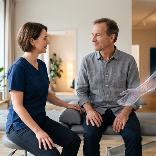 Therapeutin bespricht mit einem erwachsenen Patienten in heller Praxis eine Rehabilitationssituation; dezente anatomische Darstellung von Blut- und Lymphgefäßen am Unterschenkel.