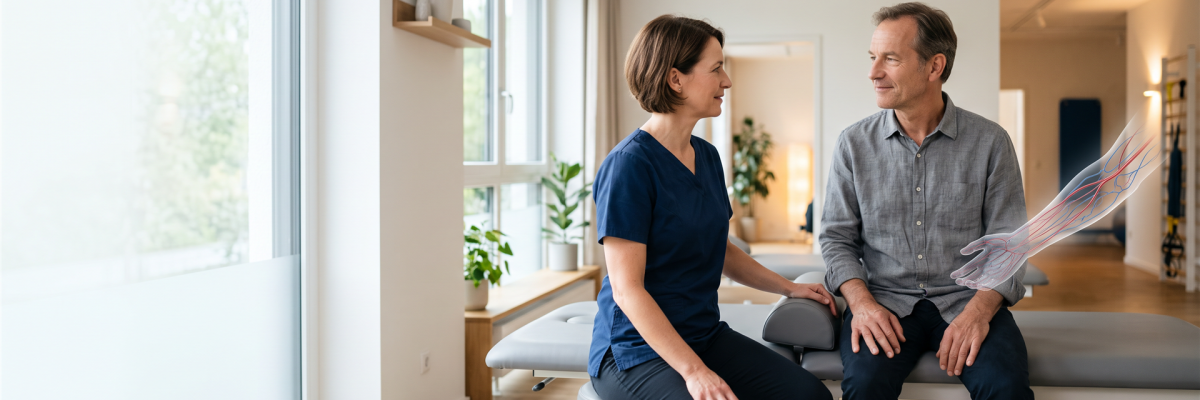 Therapeutin bespricht mit einem erwachsenen Patienten in heller Praxis eine Rehabilitationssituation; dezente anatomische Darstellung von Blut- und Lymphgefäßen am Unterschenkel.