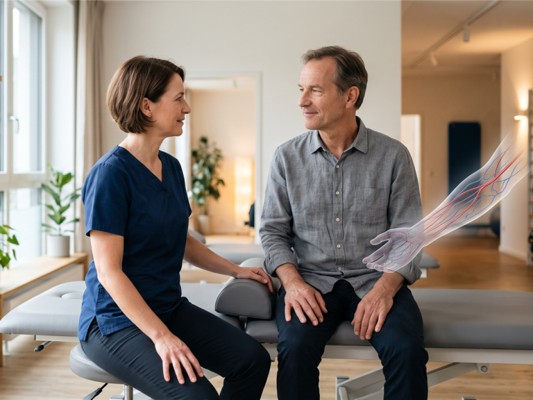 Therapeutin bespricht mit einem erwachsenen Patienten in heller Praxis eine Rehabilitationssituation; dezente anatomische Darstellung von Blut- und Lymphgefäßen am Unterschenkel.