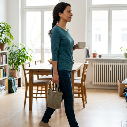 Patientin trägt nach der Rehabilitation selbstständig eine Einkaufstasche und eine Kaffeetasse durch ihre Wohnung.