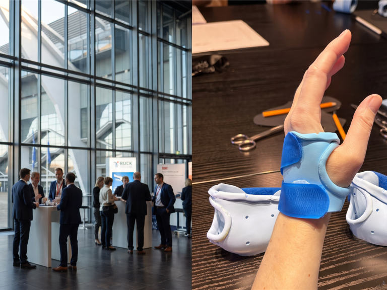 Bildmontage: links Geschäftsleute auf einer Messe, rechts eine Nahaufnahme einer Hand mit einer modernen blauen Orthese.