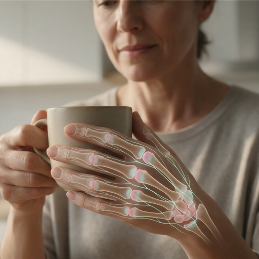 Eine Frau hält eine Tasse, während eine anatomische Grafik die Knochen und Gelenke ihrer Hand visualisiert.
