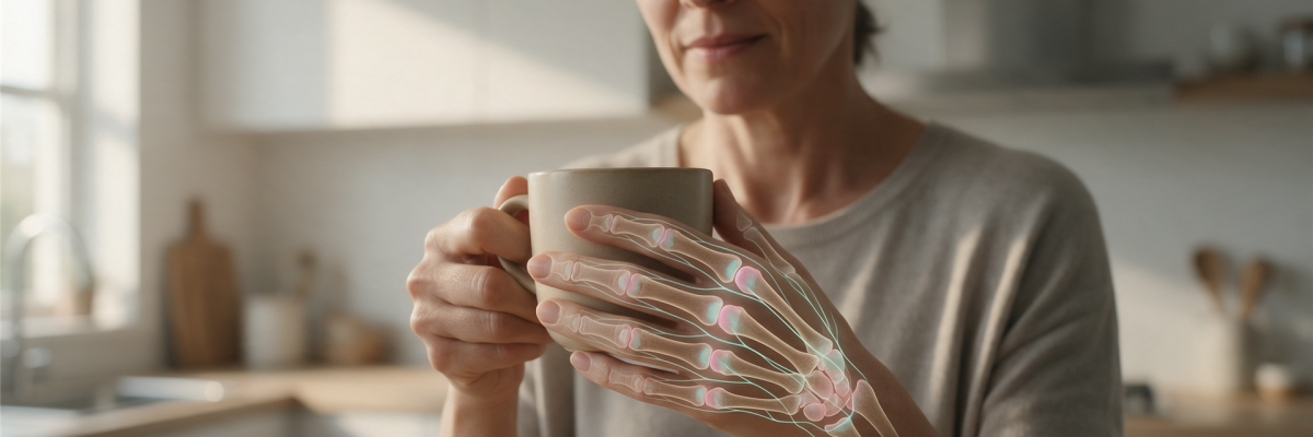 Eine Frau hält eine Tasse, während eine anatomische Grafik die Knochen und Gelenke ihrer Hand visualisiert.