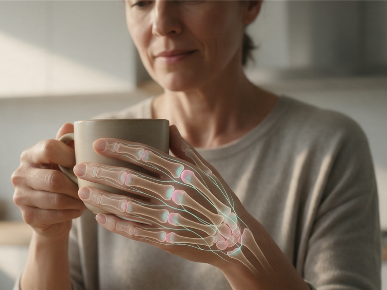 Eine Frau hält eine Tasse, während eine anatomische Grafik die Knochen und Gelenke ihrer Hand visualisiert.