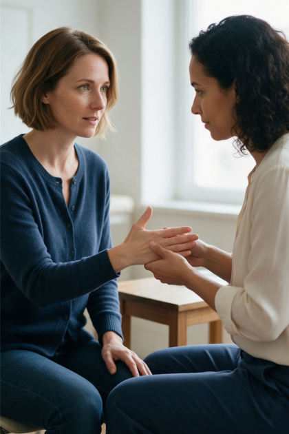 Zwei Frauen sitzen sich gegenüber und halten sich die Hände während eines ernsten, unterstützenden Gesprächs.