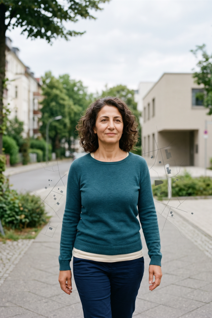 Eine Frau mittleren Alters in einem petrolfarbenen Pullover geht auf einem Gehweg, umgeben von einer subtilen Grafik eines Stadtplans.