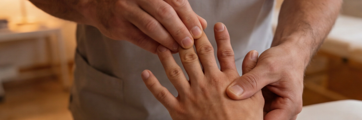 ymbolbild zur Therapie bei angeborenen Anomalien: Ein Handtherapeut führt eine manuelle Behandlung an den Fingern und dem Handrücken eines Patienten durch, um die Funktion zu verbessern.