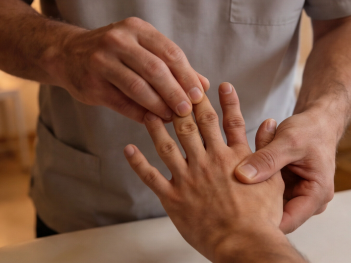 ymbolbild zur Therapie bei angeborenen Anomalien: Ein Handtherapeut führt eine manuelle Behandlung an den Fingern und dem Handrücken eines Patienten durch, um die Funktion zu verbessern.