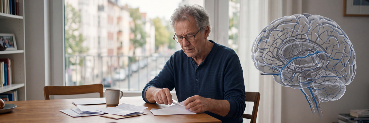 Ein älterer Mann mit Brille sitzt an einem Tisch und sichtet Dokumente, daneben ist eine grafische Darstellung eines Gehirns eingeblendet.