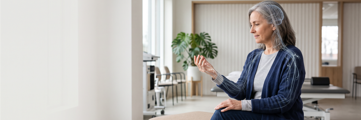 Erwachsene Person in ruhiger Therapiesituation mit fokussiertem Blick auf die offene Hand; dezente anatomische Visualisierung von Gehirn- und Nervenbahnen im Hintergrund.
