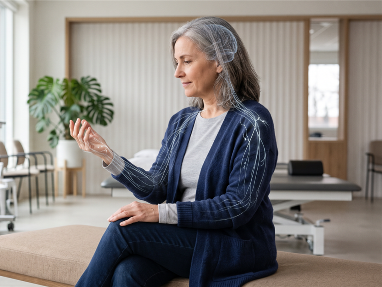 Erwachsene Person in ruhiger Therapiesituation mit fokussiertem Blick auf die offene Hand; dezente anatomische Visualisierung von Gehirn- und Nervenbahnen im Hintergrund.