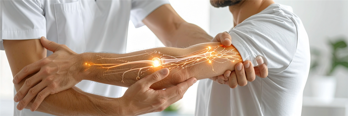 Therapeut untersucht den Verlauf des Ulnarisnerven am Arm und Handgelenk eines Patienten in einer modernen handtherapeutischen Praxis.