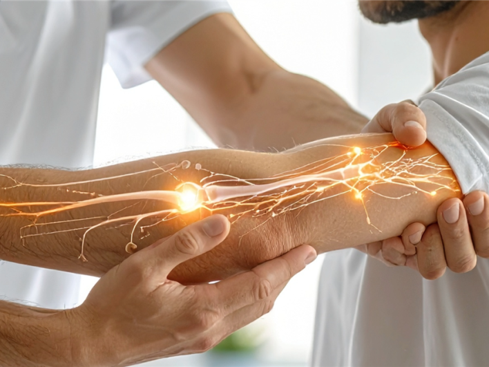 Therapeut untersucht den Verlauf des Ulnarisnerven am Arm und Handgelenk eines Patienten in einer modernen handtherapeutischen Praxis.