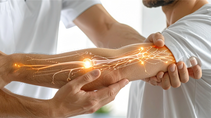 Therapeut untersucht den Verlauf des Ulnarisnerven am Arm und Handgelenk eines Patienten in einer modernen handtherapeutischen Praxis.