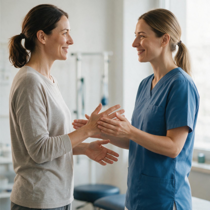 Eine Physiotherapeutin in blauer Kleidung untersucht die Hand einer Patientin in einem Behandlungsraum.
