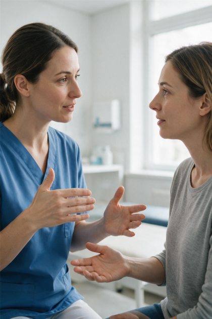 Eine Ärztin in blauer Arbeitskleidung spricht einfühlsam mit einer Patientin in einem Behandlungszimmer.
