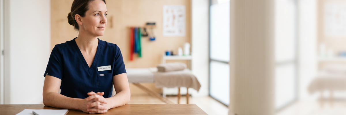 Eine medizinische Fachkraft in blauer Uniform sitzt an ihrem Schreibtisch in einem Behandlungsraum und blickt nachdenklich aus dem Fenster.