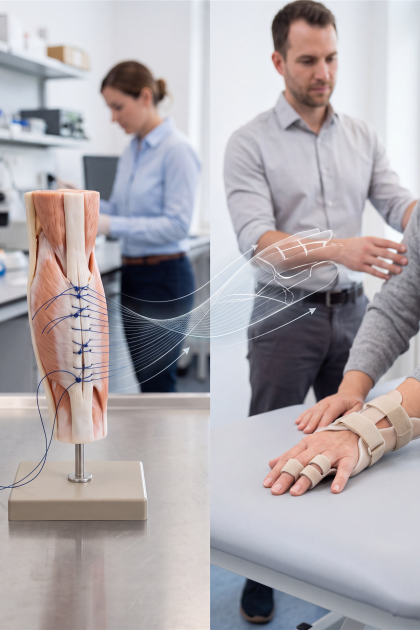 Bildmontage, die links ein anatomisches Modell mit chirurgischer Naht und rechts einen Patienten mit einer Handorthese in der Physiotherapie zeigt.