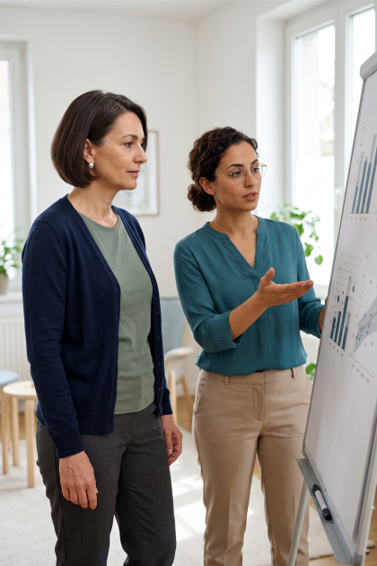 Patientin und Therapeutin besprechen Diagramme auf einem Whiteboard in einem hellen Büro.