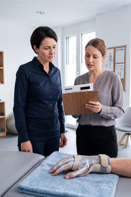 Zwei Frauen in einer Praxis betrachten eine Hand mit einer transparenten orthopädischen Schiene, die auf einer Behandlungsliege liegt.
