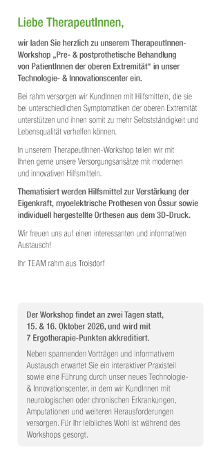 Einladungsschreiben zu einem Workshop für Therapeutinnen zur prothetischen Behandlung der oberen Extremität.