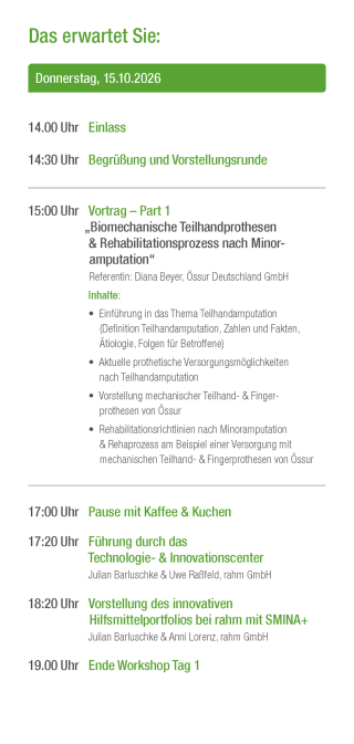 Ablaufplan eines Workshops am 15.10.2026 mit Vorträgen zu Teilhandprothesen und anderen Programmpunkten.