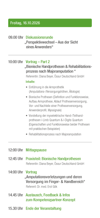 Zeitplan einer Fachveranstaltung am 16. Oktober 2026 zum Thema bionische Handprothesen und Rehabilitation.