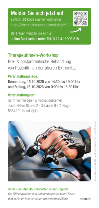 Flyer für einen Workshop mit dem Bild einer Hand, die eine moderne, mechanische Prothese trägt.